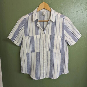 Forever 21 button up blouse, blue and white striped, women's small C13